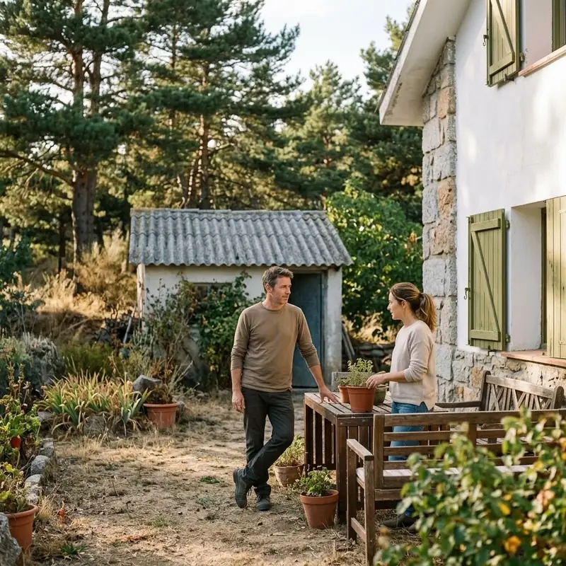 Pareja en el jardín de su chalet de la sierra con una caseta al fondo