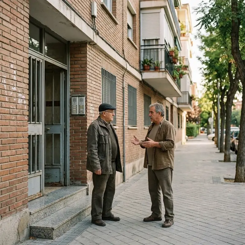 Dos vecinos mayores hablando en la puerta de un bloque de ladrillo visto