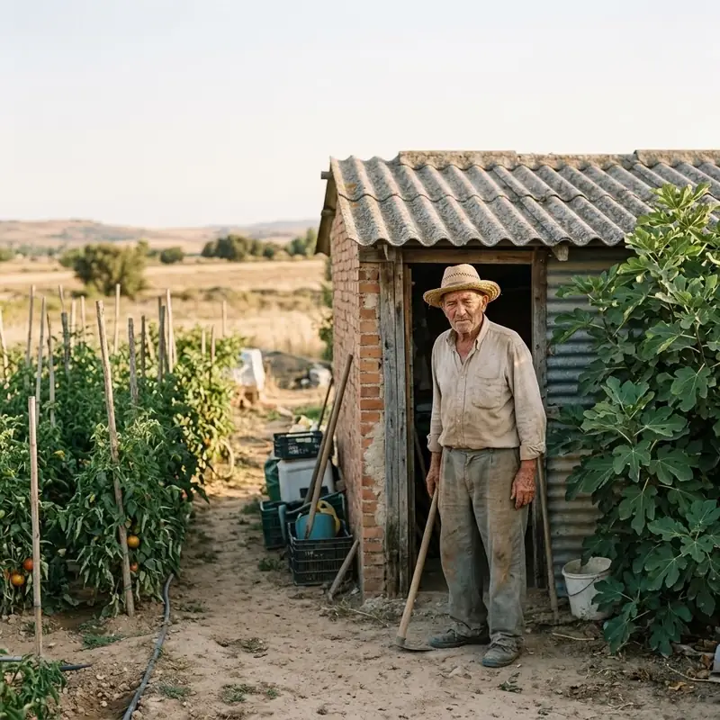 Agricultor mayor junto a un almacén de aperos en una huerta de la vega