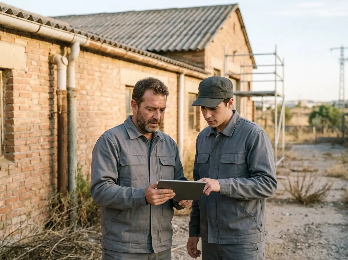 Dos técnicos repasando un plan de trabajo en una tableta junto a una nave con cubierta ondulada