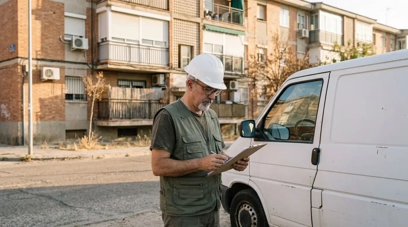 Técnico con chaleco y casco revisando documentos junto a una furgoneta blanca sin rótulos delante de un bloque