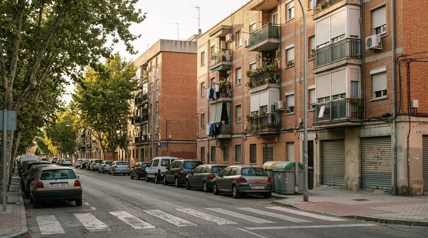 Calle de bloques de ladrillo de los años setenta con árboles y coches aparcados en una ciudad del sur de Madrid