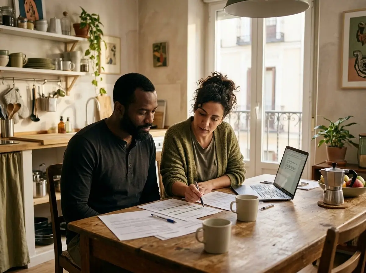 Pareja de mediana edad revisando papeles con un portátil en la mesa de la cocina