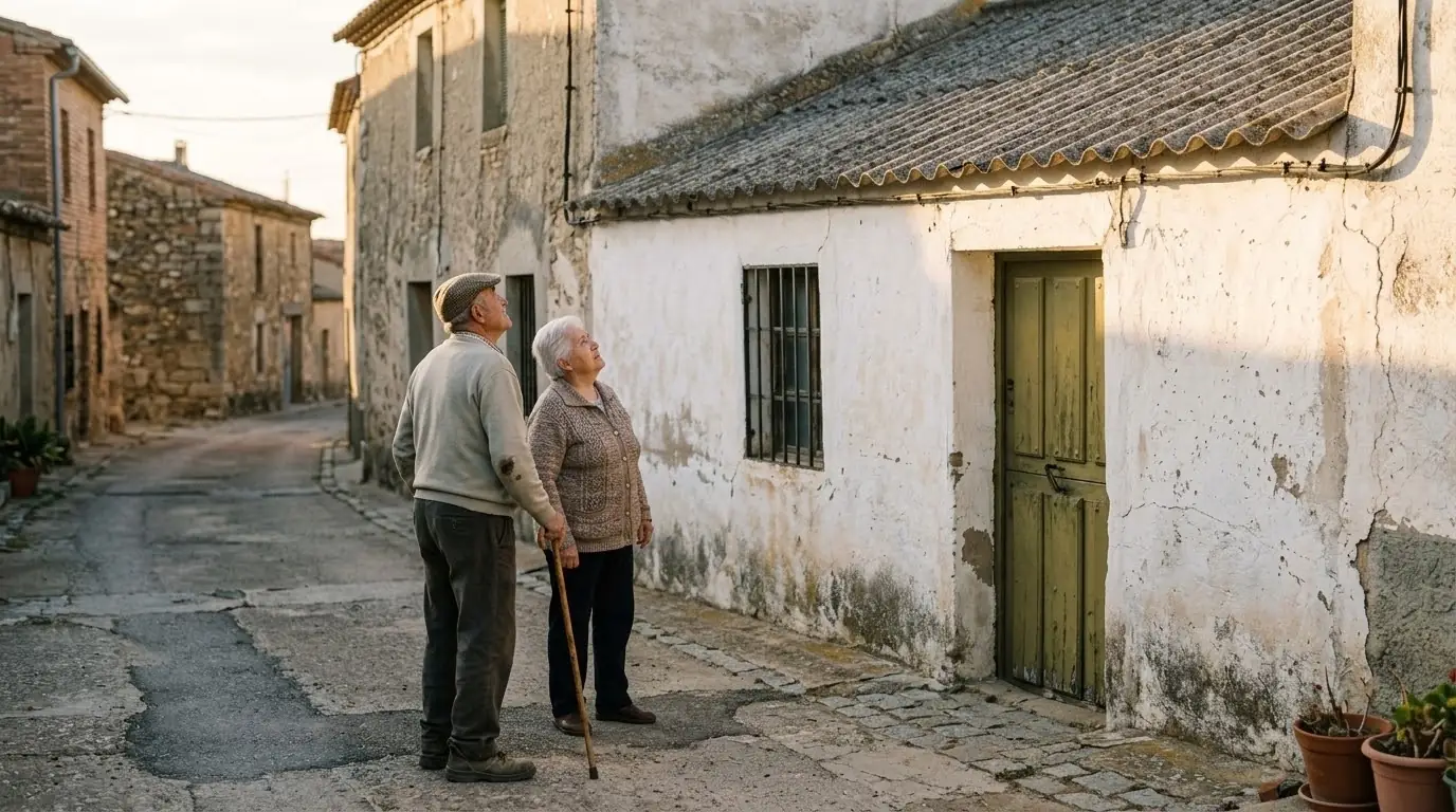 Vecina y vecino mayores mirando desde la calle el tejado ondulado de una casa antigua