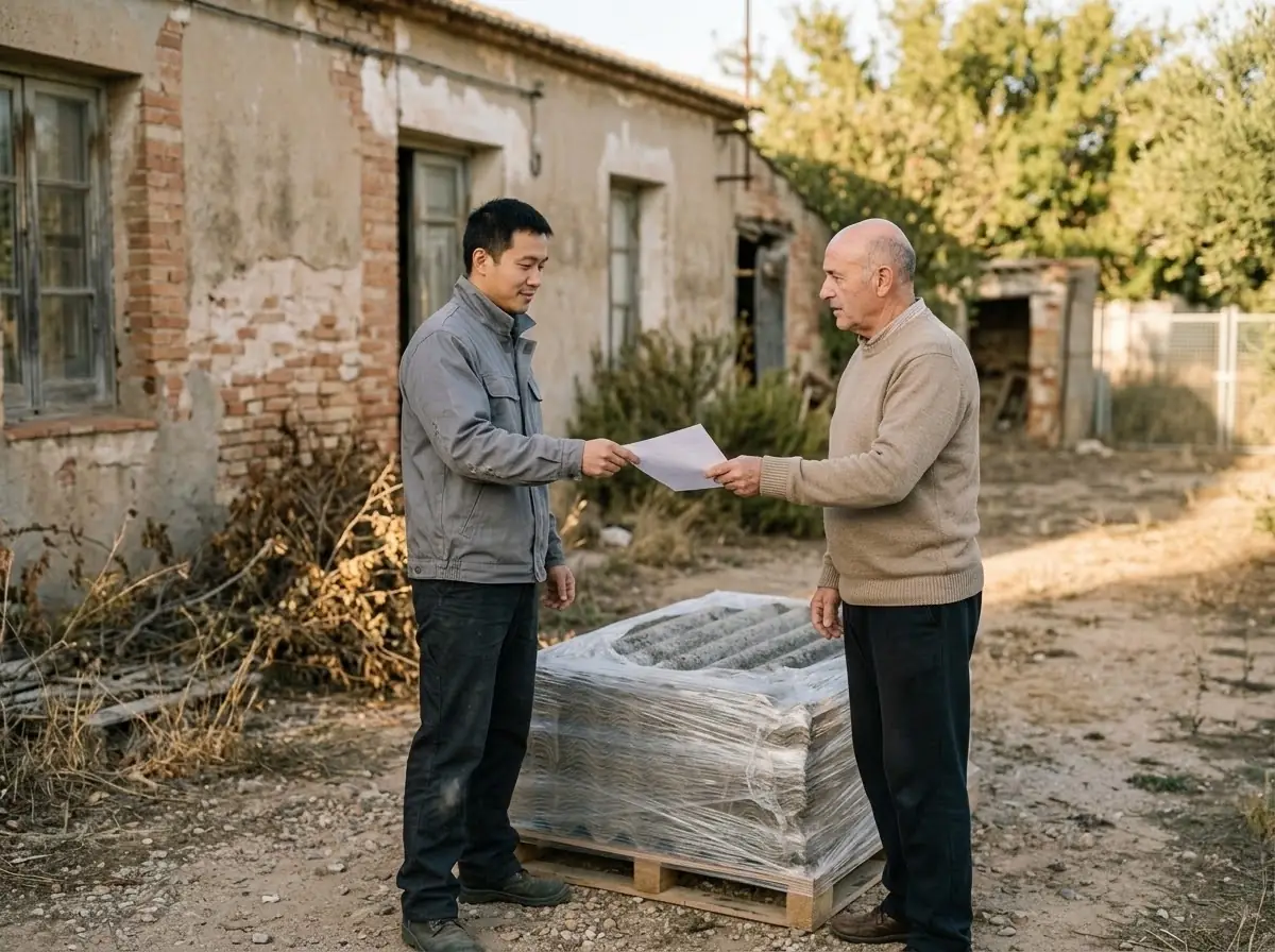 Técnico entregando un documento a un vecino junto a un palé de placas envuelto en plástico