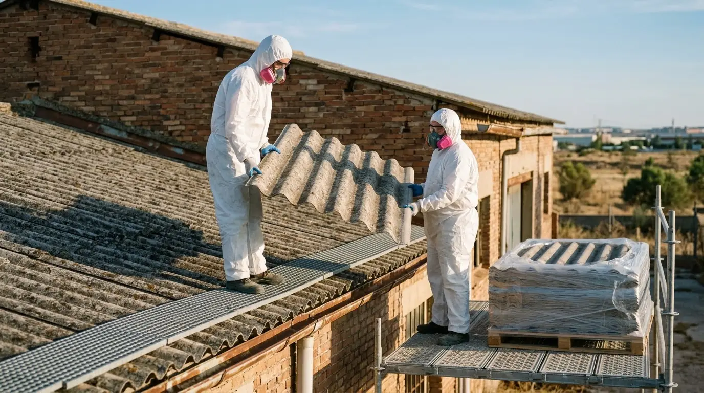 Dos operarios con buzo blanco y mascarilla retiran placas onduladas del tejado de una nave