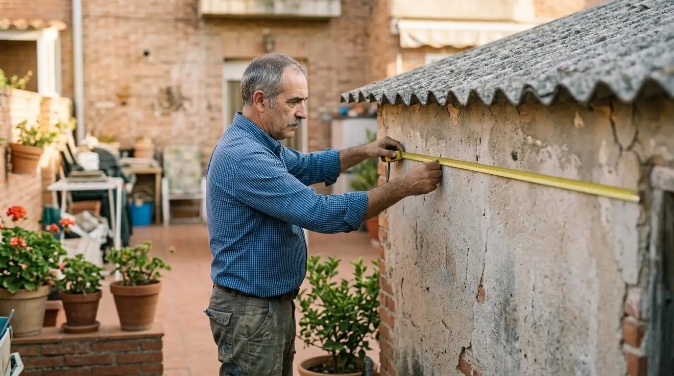 Hombre midiendo con una cinta métrica la caseta de uralita de su patio