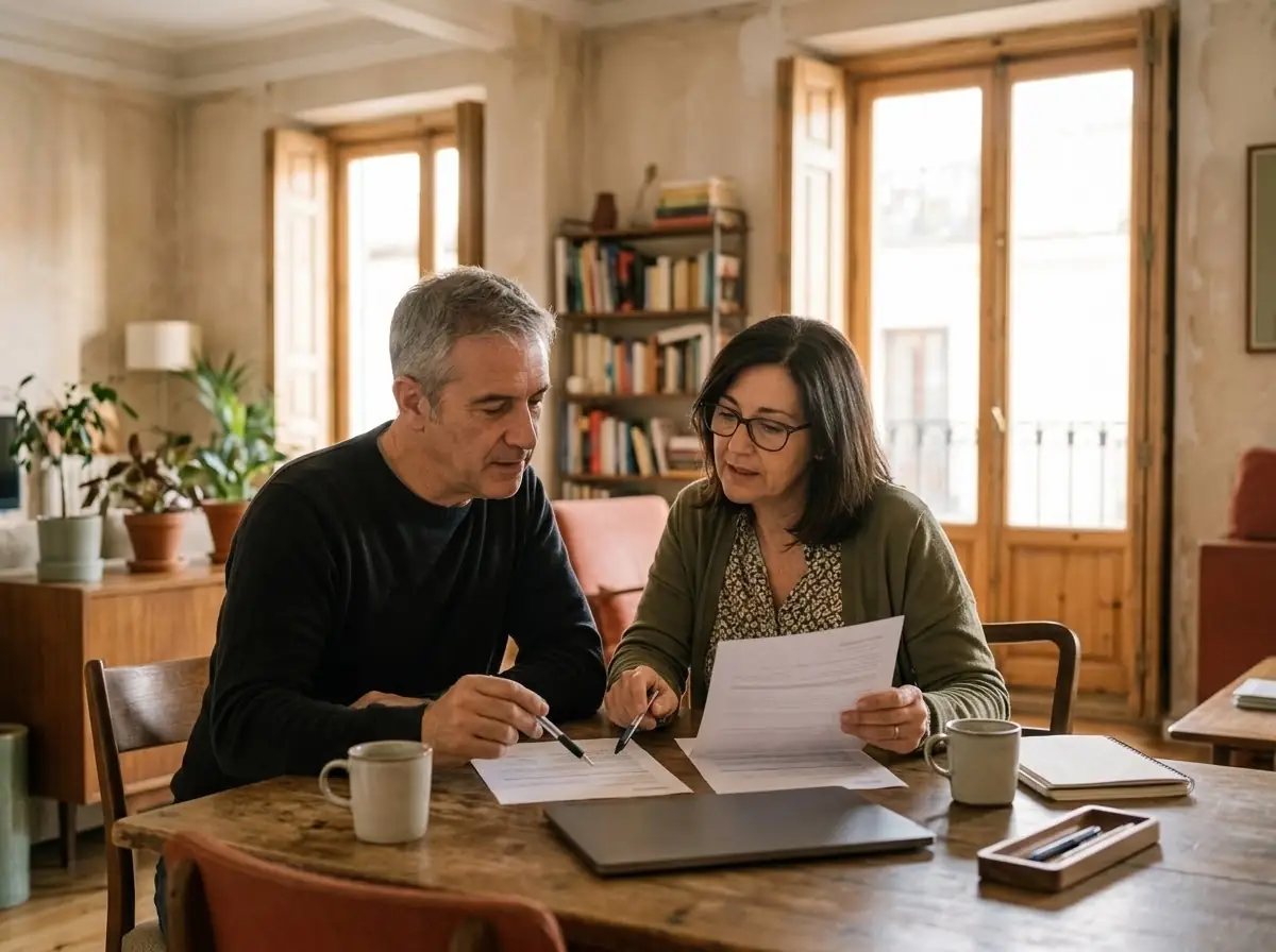 Pareja de mediana edad comparando dos presupuestos en la mesa del salón