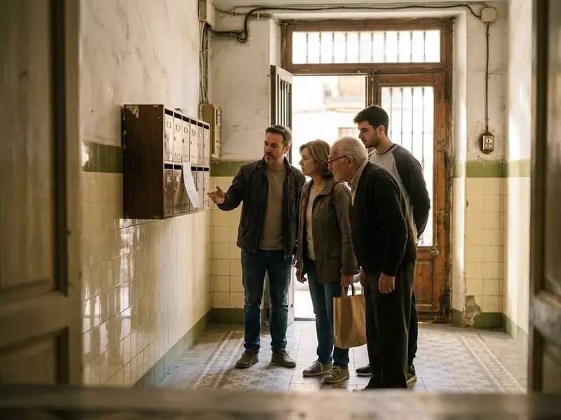 Vecinos de una comunidad hablando en el portal junto a los buzones
