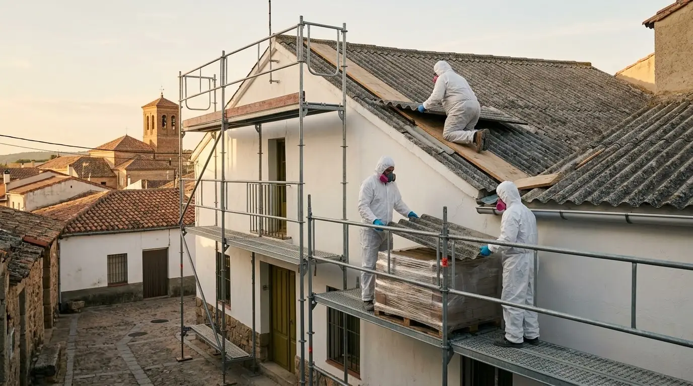 Operarios con buzo blanco sobre el tejado ondulado de una casa de pueblo con andamio en la fachada