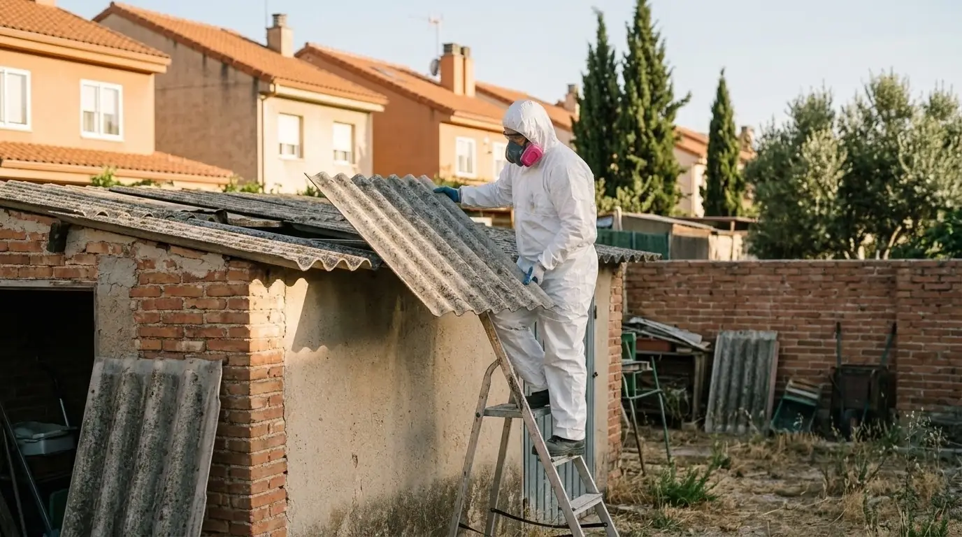 Operario con buzo blanco y mascarilla bajando una placa ondulada entera del techo de una caseta